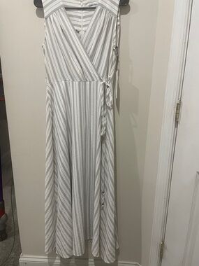 Calvin Klein Sleeveless Striped Wrap Maxi Dress - White & Gray